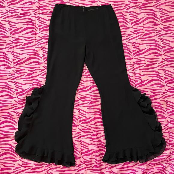Vintage 90s / Y2K Ruffle Hem Flare Black Pants Latin Ballroom // Size 8 Medium - Picture 1 of 5